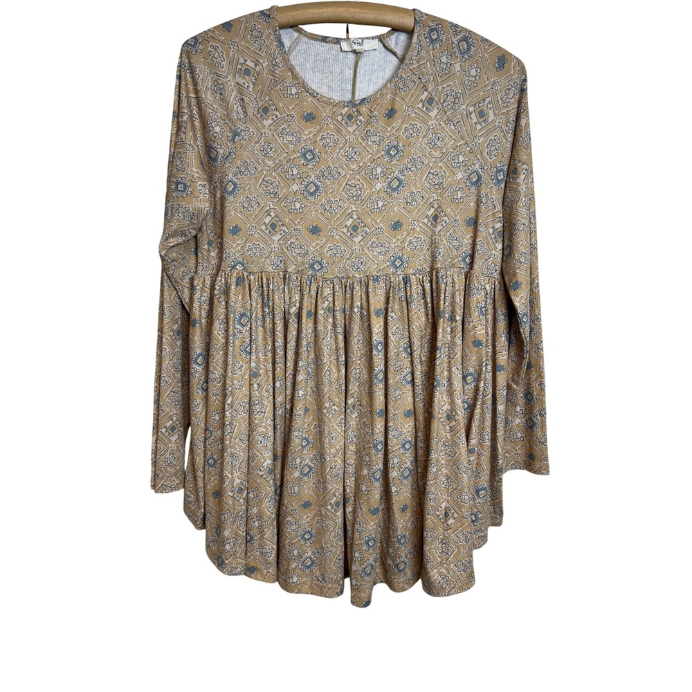Easel Tunic Top Women M Tan Geo Boho Babydoll Long Sleeve Peplum Blouse A73